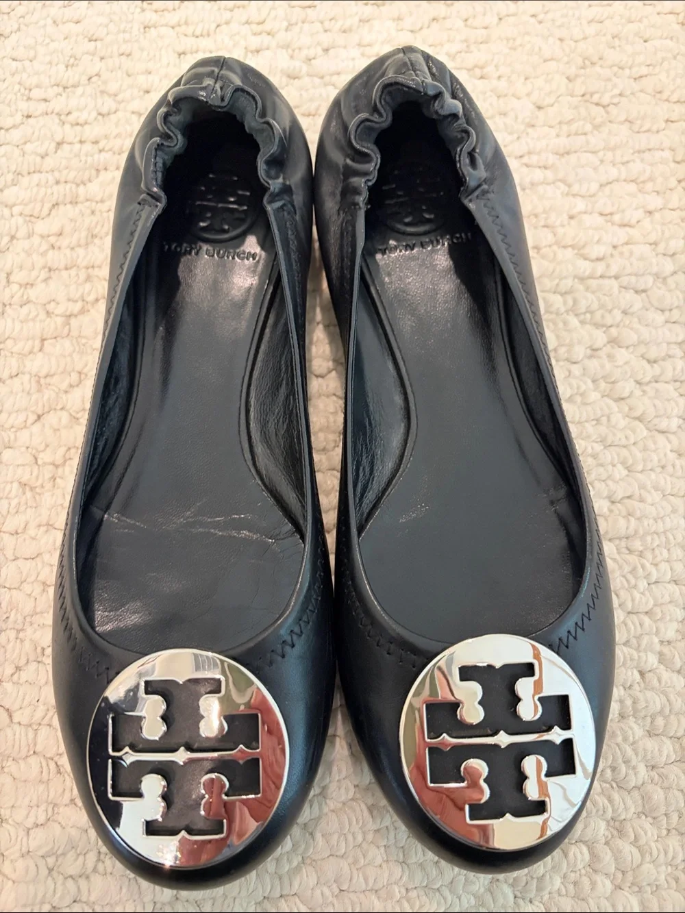 Tory Burch Black/Silver Reva Ballet Flat. Size 8.5. Excellent Condition.